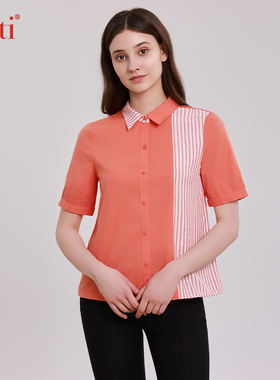 Gitti/吉蒂新品宽松大码条纹衬衫女棉休闲舒适短袖衬衣G251202