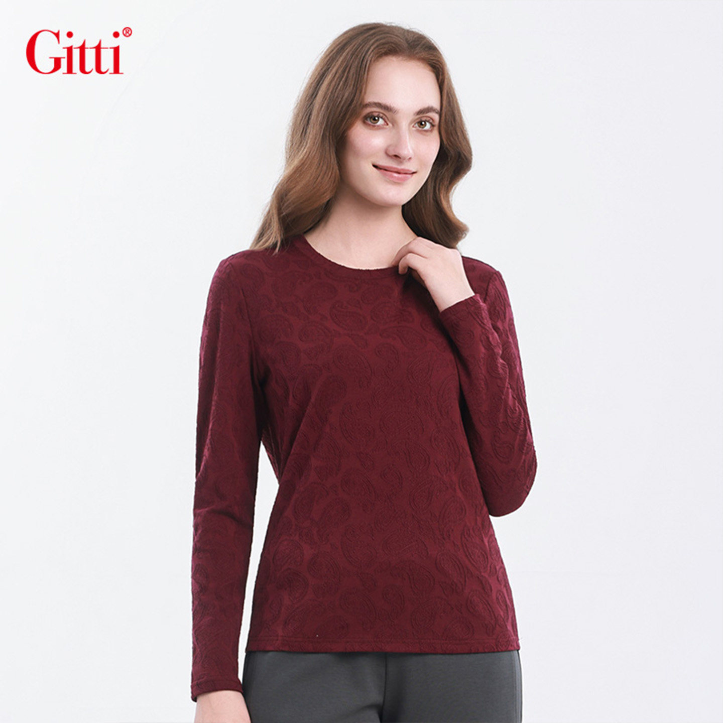 Gitti/吉蒂提花弹力长袖针织上衣女圆领T恤G265013