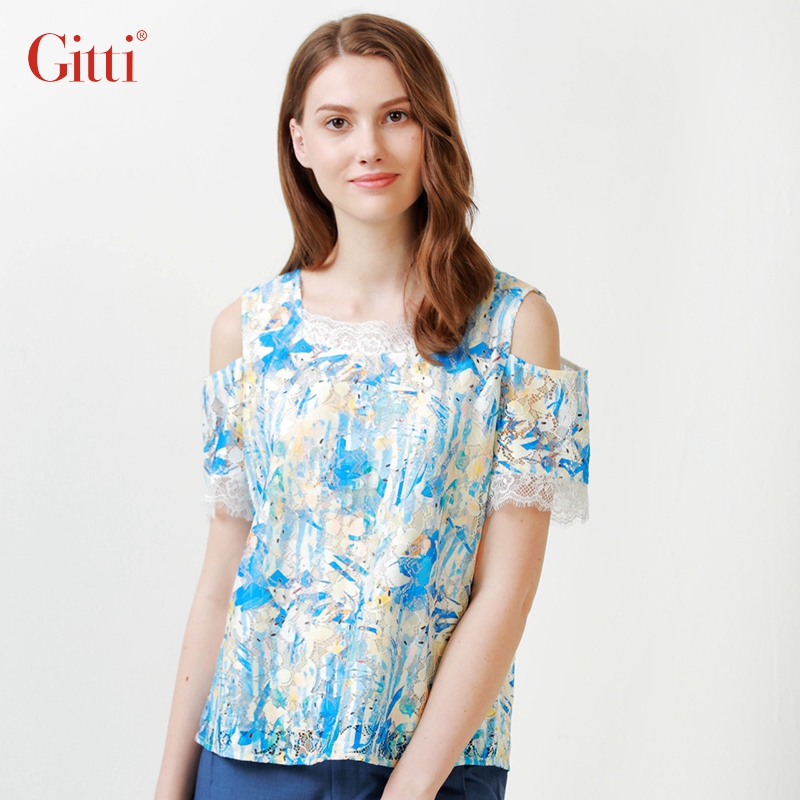 时尚方领假二件女露肩上衣蕾丝衫