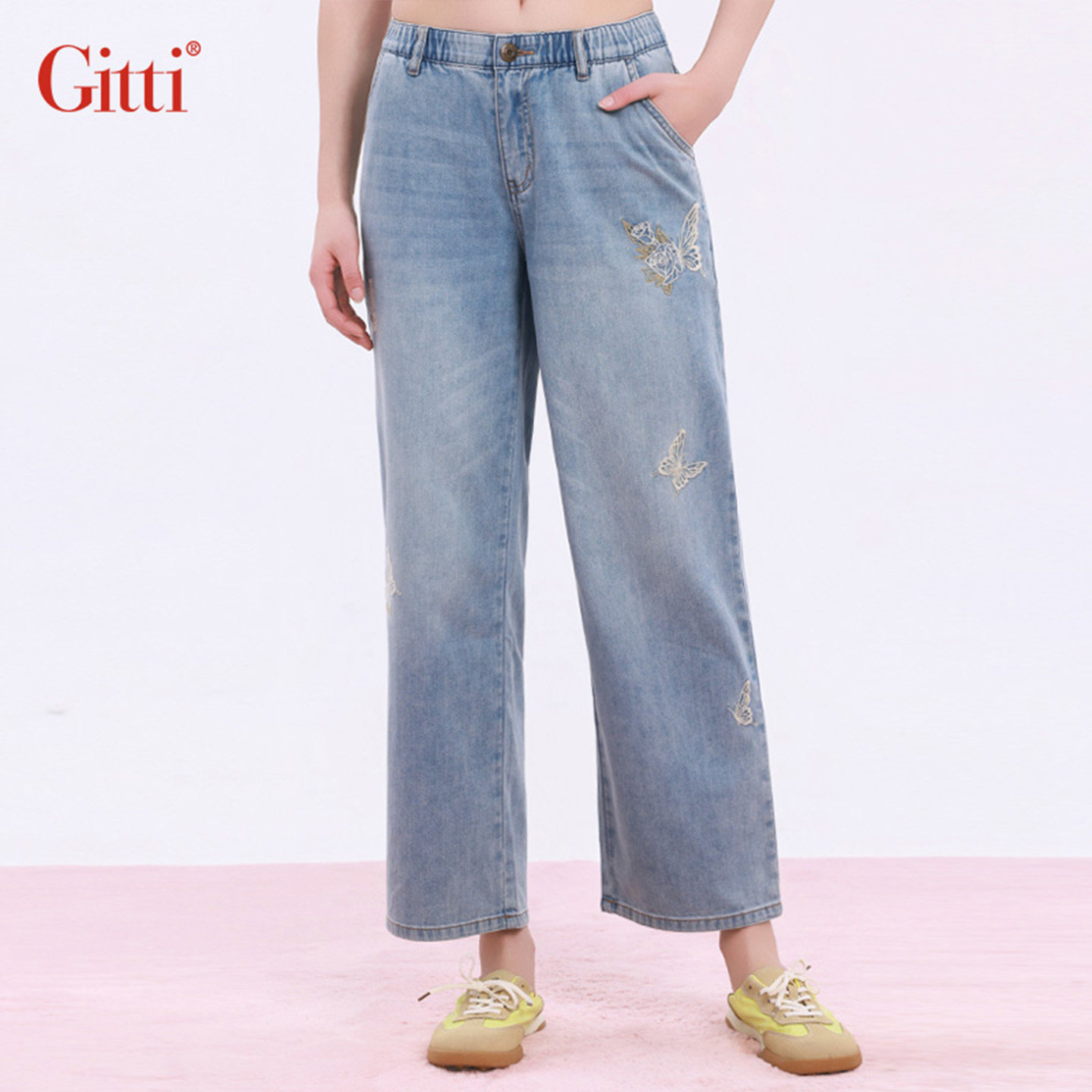 Gitti/吉蒂蝴蝶刺绣复古牛仔裤女棉百搭直筒长裤G261064