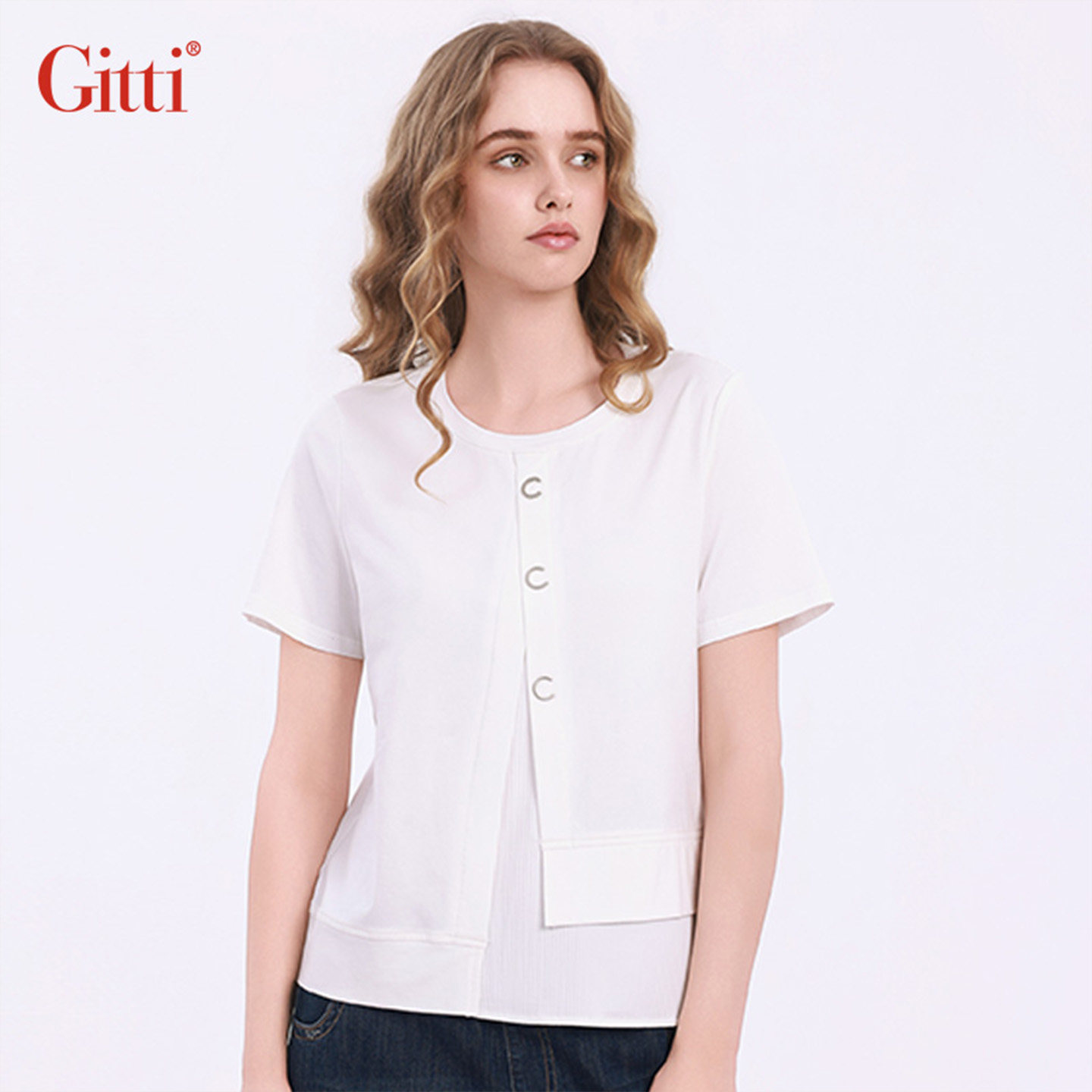 Gitti/吉蒂显瘦假两件拼接金属钉扣短袖女棉圆领宽松T恤G261239