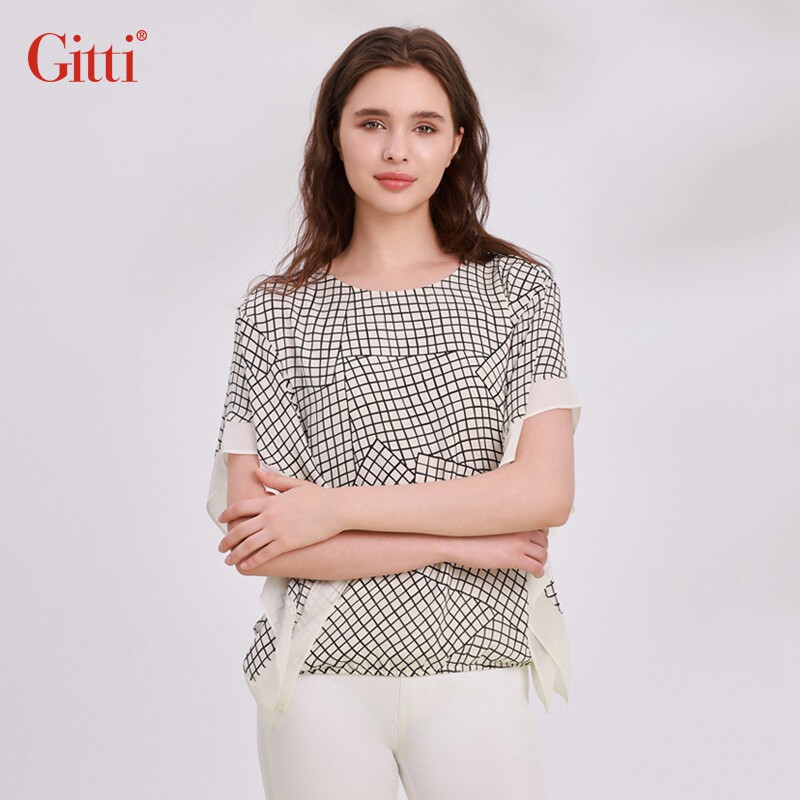 Gitti/吉蒂格子印花花边拼接蝙蝠袖上衣女宽松大码圆领T恤G251495