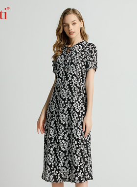 Gitti/吉蒂时尚碎花花边系带圆领裙子女收腰显瘦连衣裙G231232