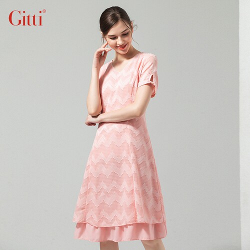 Gitti/吉蒂夏女装修身显瘦花边多层拼接连衣裙女V领短袖裙G202017