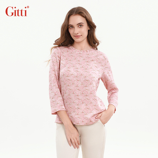 圆领上衣G255026 T恤女宽松大码 Gitti 吉蒂立领荷叶边碎花中袖