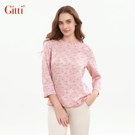 Gitti/吉蒂立领荷叶边碎花中袖T恤女宽松大码圆领上衣G255026