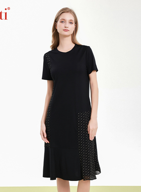 Gitti/吉蒂新品印花雪纺拼接连衣裙女圆领收腰显瘦裙子G251209