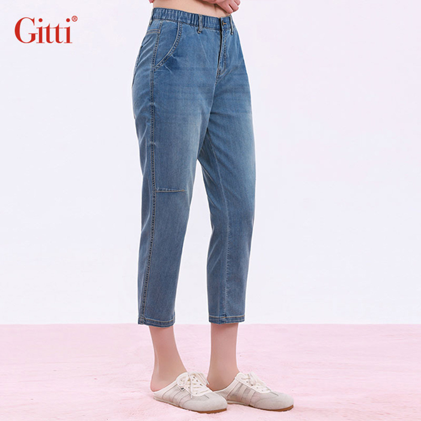 Gitti/吉蒂做旧复古褶皱小哈伦裤女棉宽松大码牛仔裤中裤G261241