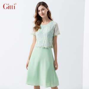 Gitti/吉蒂假二件蕾丝拼接雪纺连衣裙女修身甜美A字连衣裙G202122