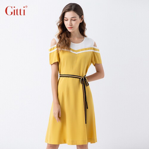 Gitti/吉蒂夏季新款修身束腰露肩拼接撞色连衣裙女G202073