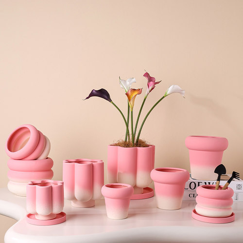 桃粉色渐变蝴蝶兰花盆陶瓷轻奢高级感家用组合套盆兰花专用花盆