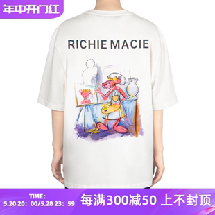 Macie白色后背粉红豹涂鸦印花反光T恤潮情侣 Richie 官方授权