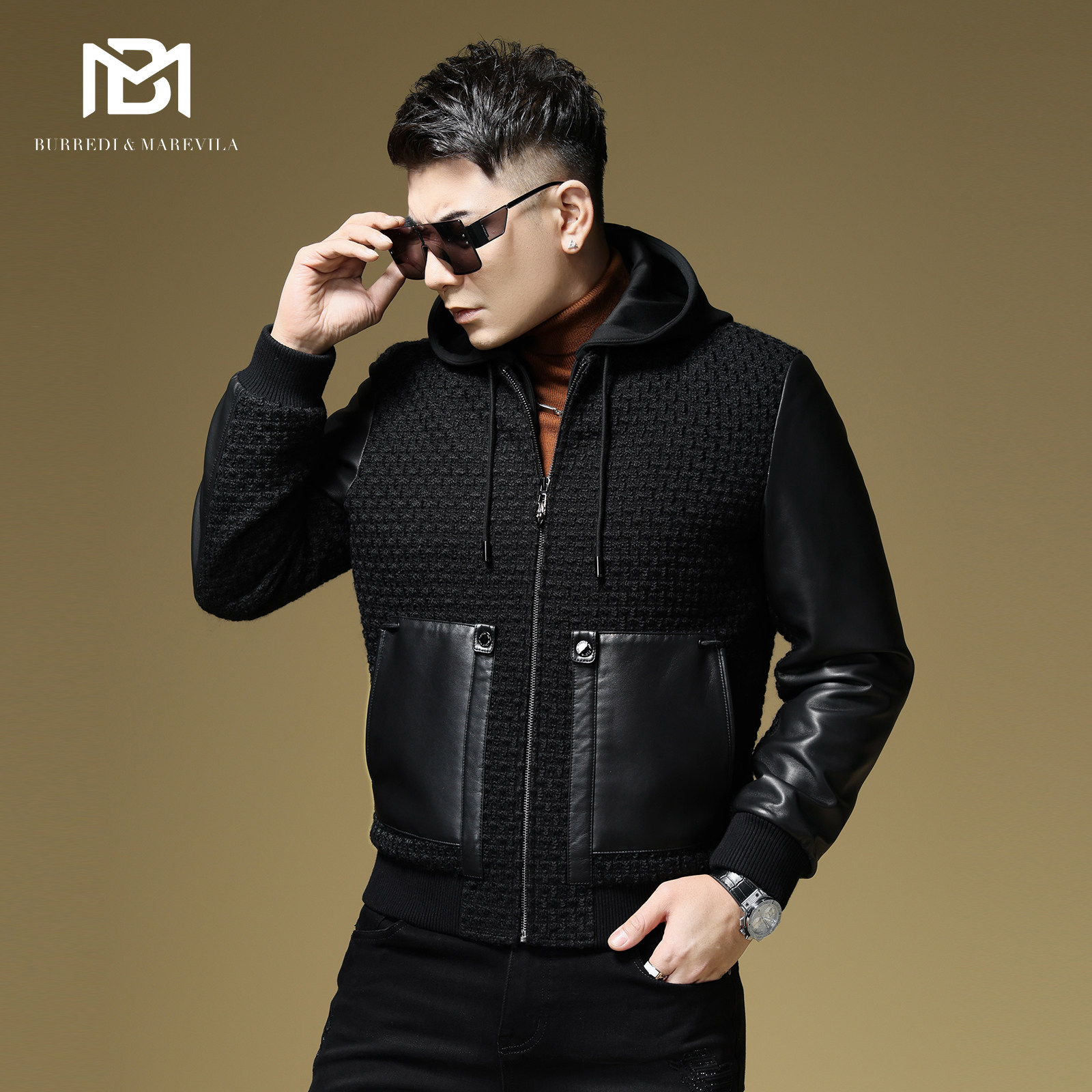 BM男士羽绒服冬季2024新款真皮夹克外套男拼接针织提花时尚保暖潮