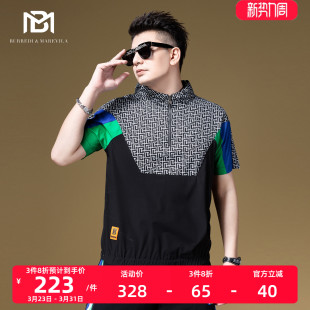 体恤2023新款 高街t恤男潮牌撞色拼接男士 夏 美式 BM半拉链连帽短袖