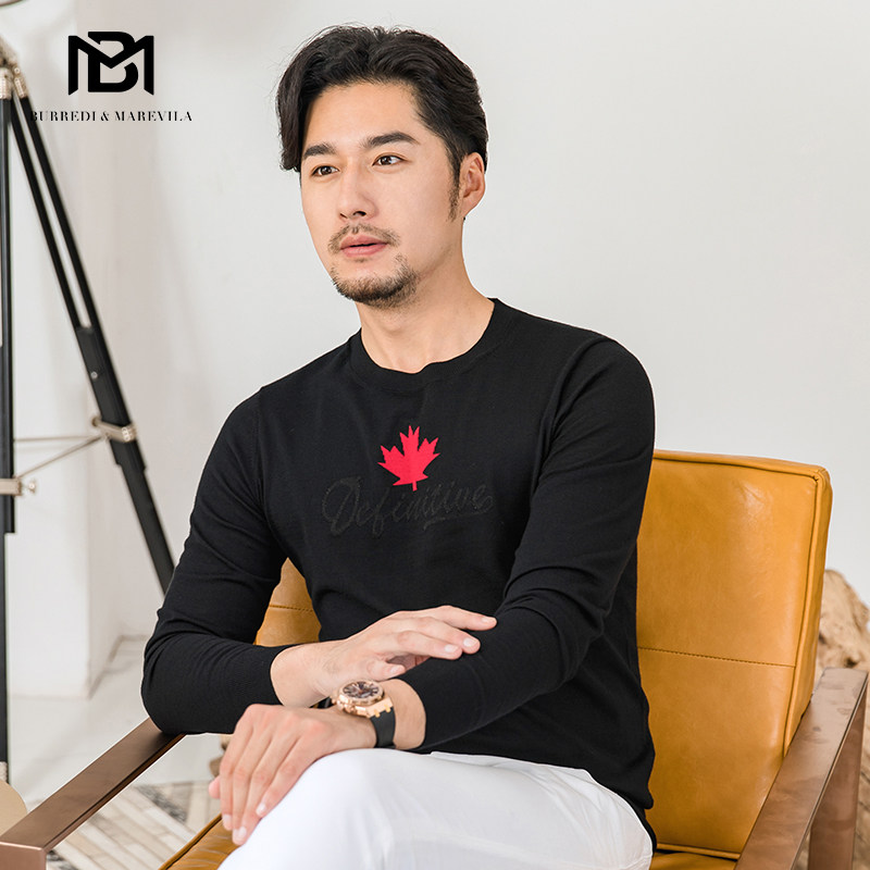 BM男士纯色毛衣字母枫叶秋冬季圆领针织羊毛衫男修身长袖休闲潮流