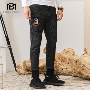 BM男士秋冬灰色毛呢休闲裤条纹字母刺绣运动卫裤男潮牌修身束脚裤