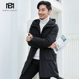 BM羽绒服男纯色中长款休闲潮流男士韩版修身连帽外套刺绣大口袋冬