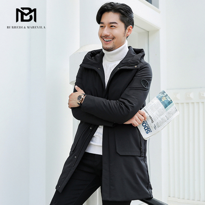 BM羽绒服男纯色中长款休闲潮流男士韩版修身连帽外套刺绣大口袋冬