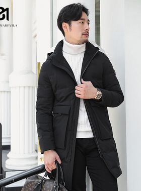 BM男款羽绒服韩版新款纯黑色中长款连帽外套大口袋修身潮流冬季