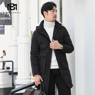 BM男款羽绒服韩版新款纯黑色中长款连帽外套大口袋修身潮流冬季