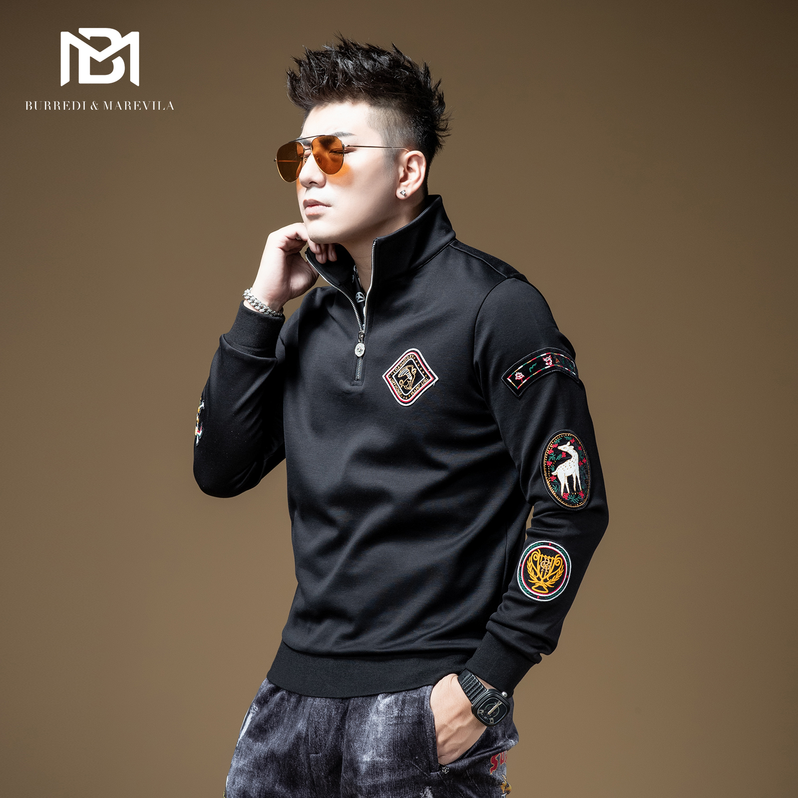 bm欧美立领刺绣半拉链港风卫衣