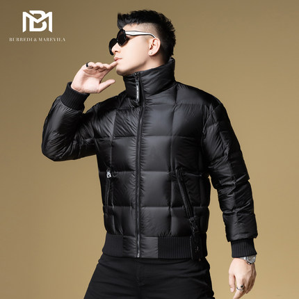 BM男士羽绒服冬季2024新款美式潮牌暗纹辑格立领外套面包服男款