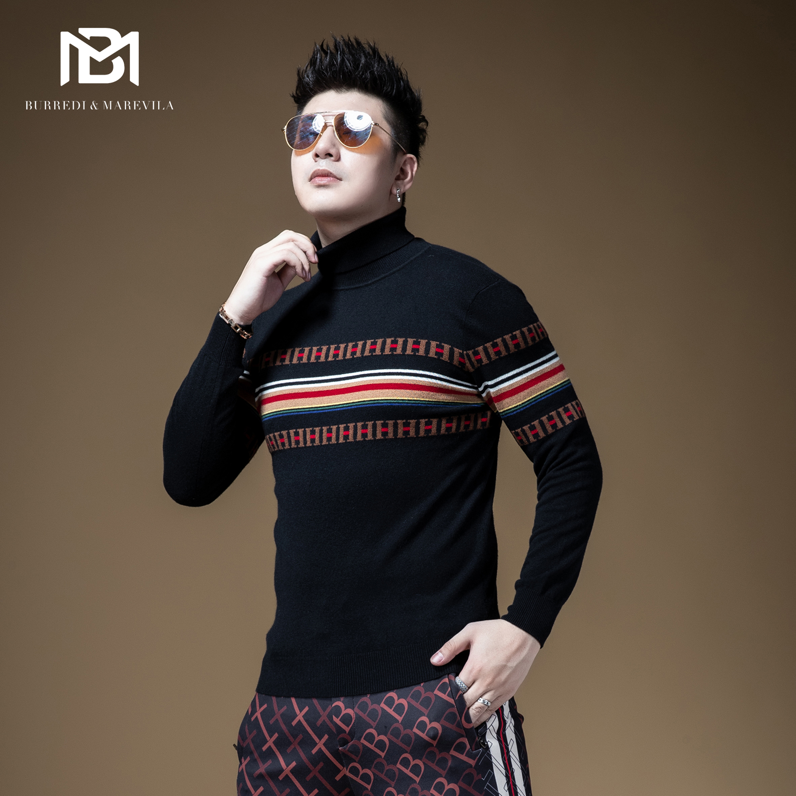 高领条纹民族风秋冬季修身羊绒衫