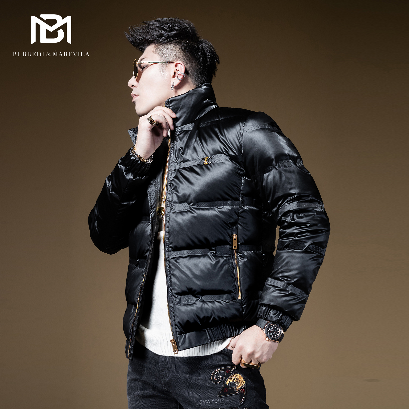 bm男士黑色压胶高端羽绒服立领