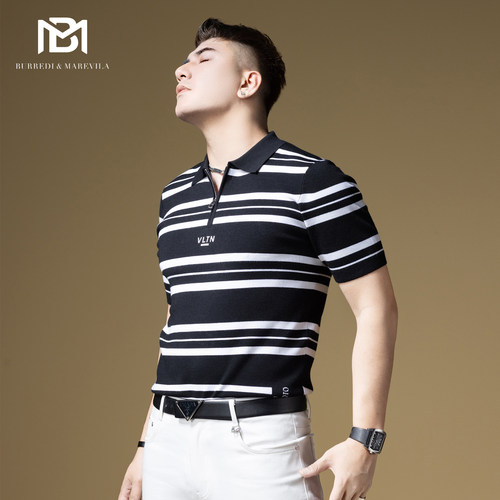 BM男士羊毛衫2024新款黑白撞色条纹针织短袖男潮流翻领毛衣早秋季