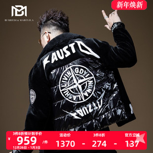 BM男士 羽绒夹克 海宁羊剪绒大衣印花翻领羊羔毛机车外套男拼接冬季