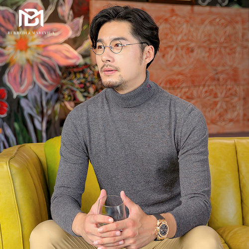 BM秋冬毛衣男士针织衫撞色刺绣长袖男羊绒衫潮流纯色男装修身高领
