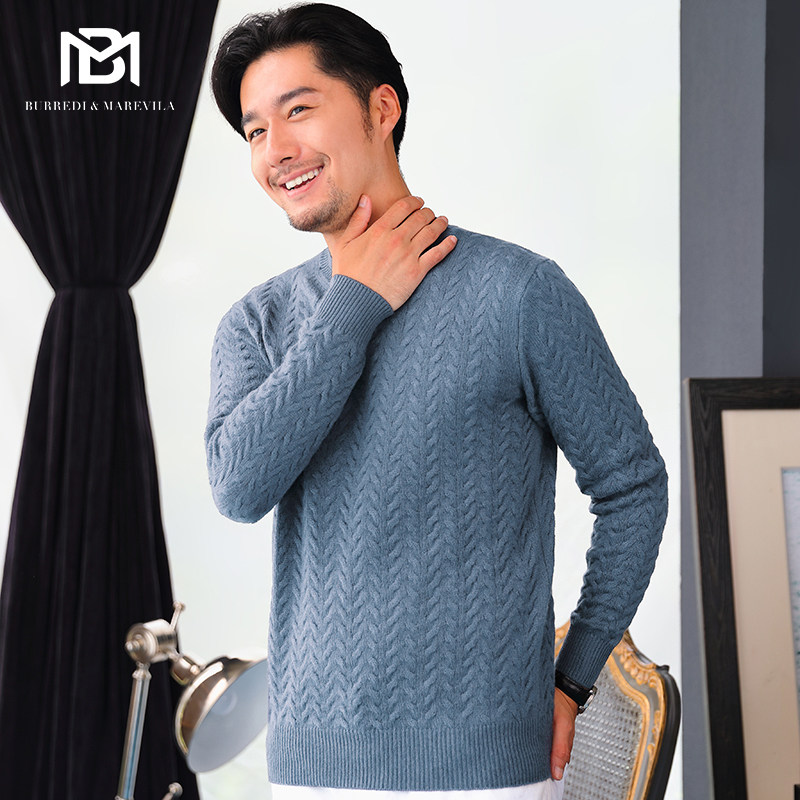 BM纯色毛衣男装羊绒针织衫粗线麻花编织长袖男圆领潮流休闲秋冬季