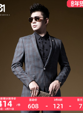 BM复古格子西装高级感外套男轻奢商务休闲男士灰色西服上衣潮流秋