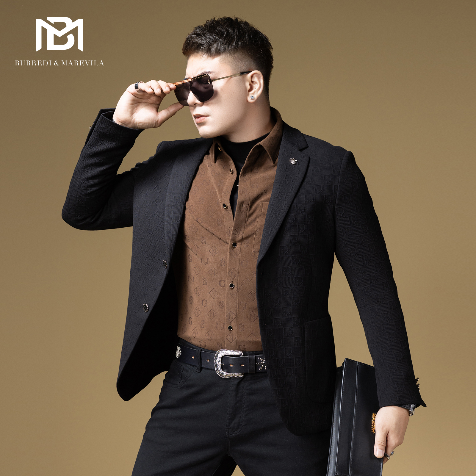 BM欧洲站字母提花休闲西装外套男高级感黑色男士西服上衣2024新款