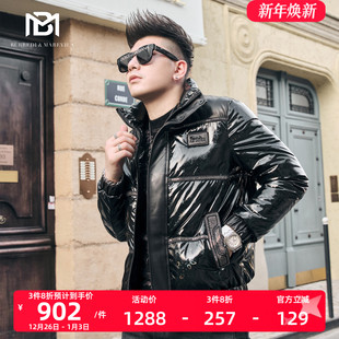 潮 高级感炸街镭射亮面短款 BM拼皮羽绒服男2021年新款 外套冬衣男装