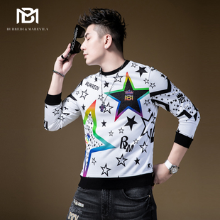 BM印花烫钻五角星痞帅炸街卫衣男潮ins潮牌圆领秋季 上衣2021新款