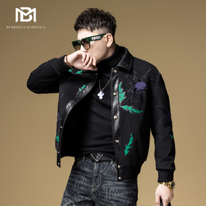 BM拼皮设计感高端羽绒服男冬季2023新款潮牌花卉刺绣翻领保暖外套