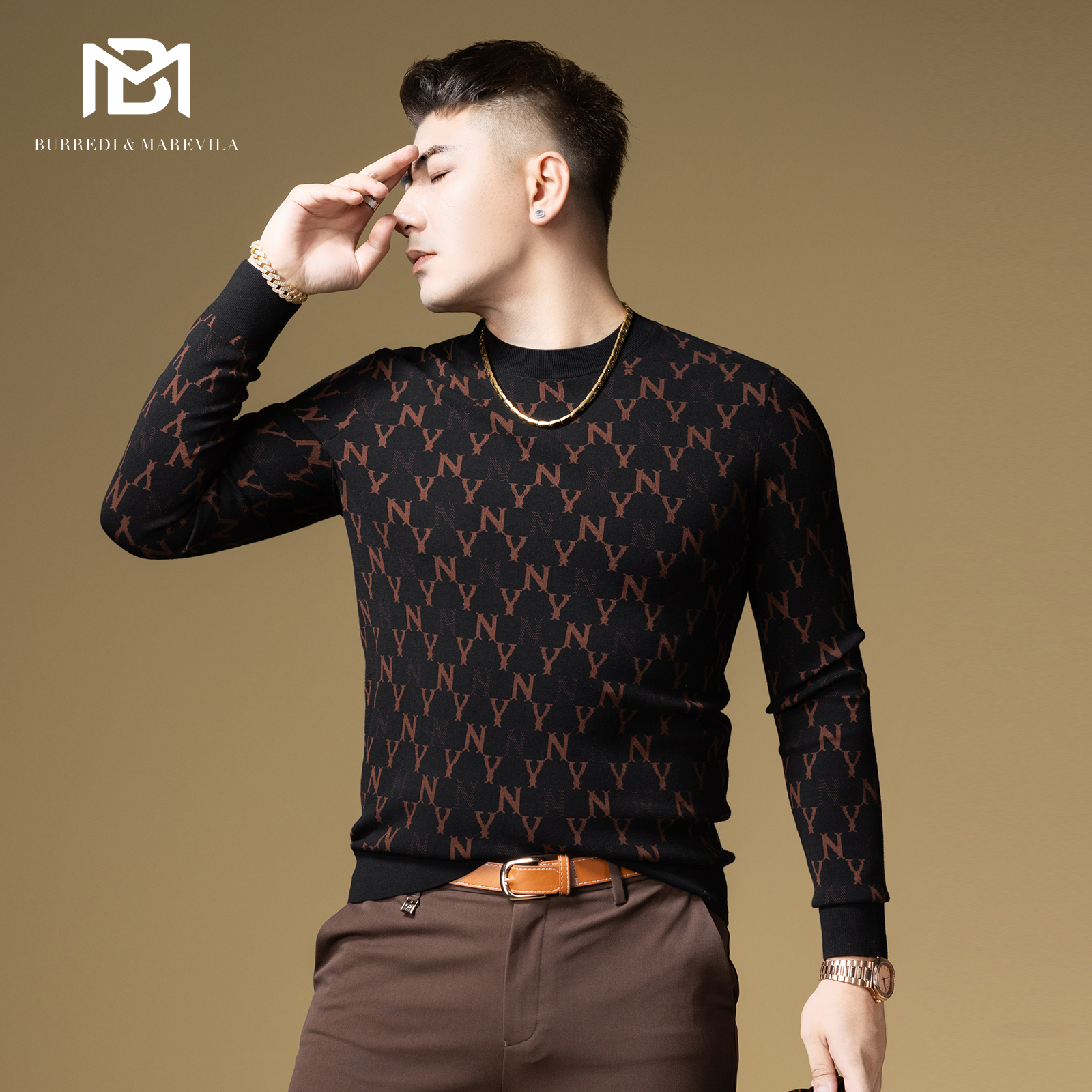 BM字母提花高端针织衫男春秋款长袖内搭打底衫男士毛衣2024新款潮