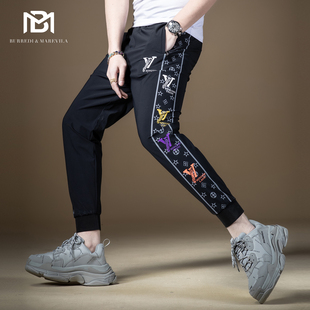 休闲裤 BM抽绳束脚裤 小脚侧边印花春款 潮牌潮流百搭修身 子 男运动裤