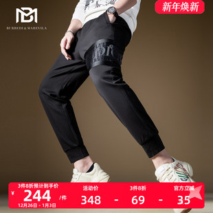 秋季 BM字母镭射高街裤 子男ins痞帅潮流百搭港风黑色休闲运动卫裤