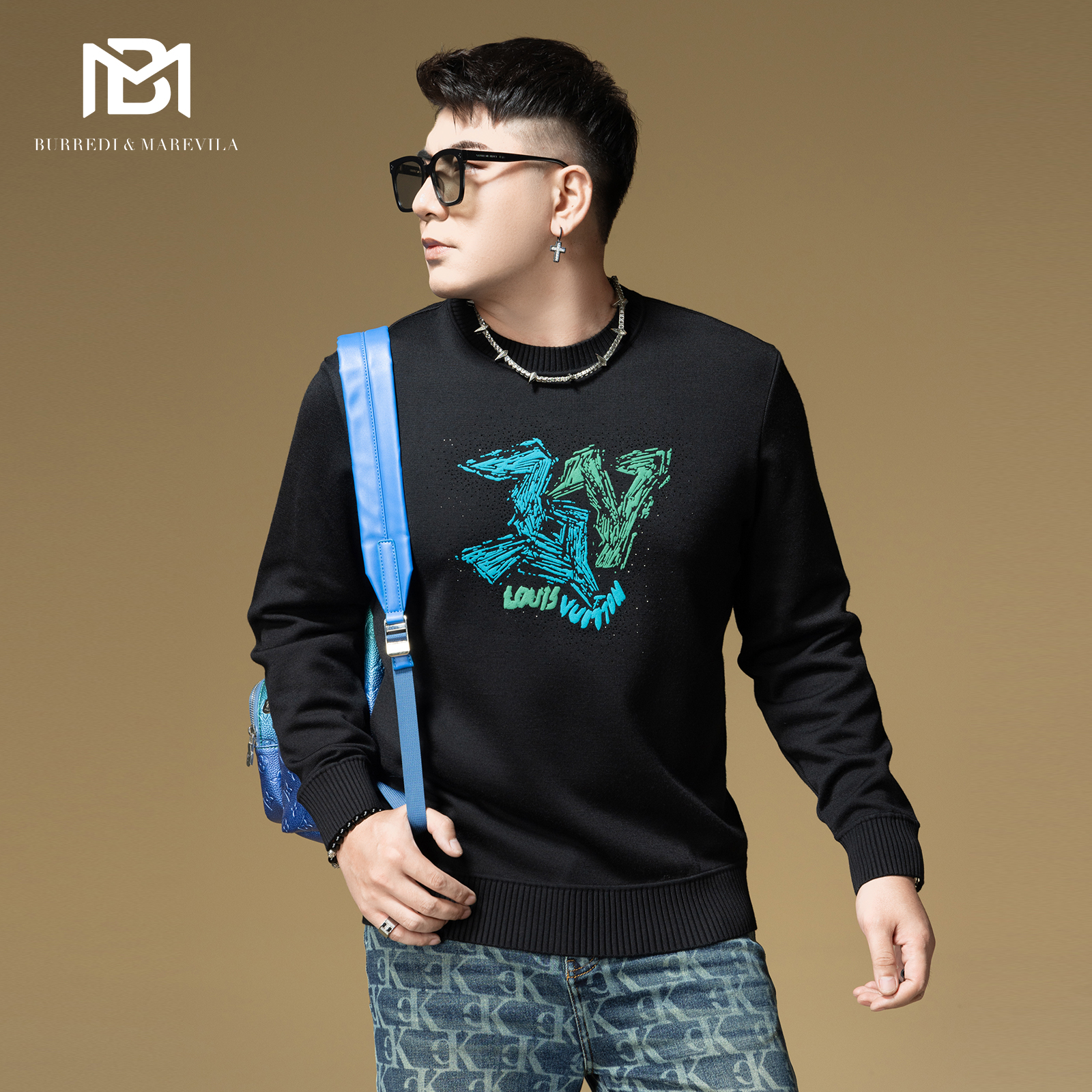 BM男士高端针织衫含羊毛毛衣男款2025新款潮牌字母烫钻保暖秋冬季