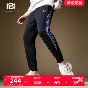 束脚休闲运动裤 男士 秋 子男欧美潮牌高端卫裤 BM侧边条纹刺绣高街裤