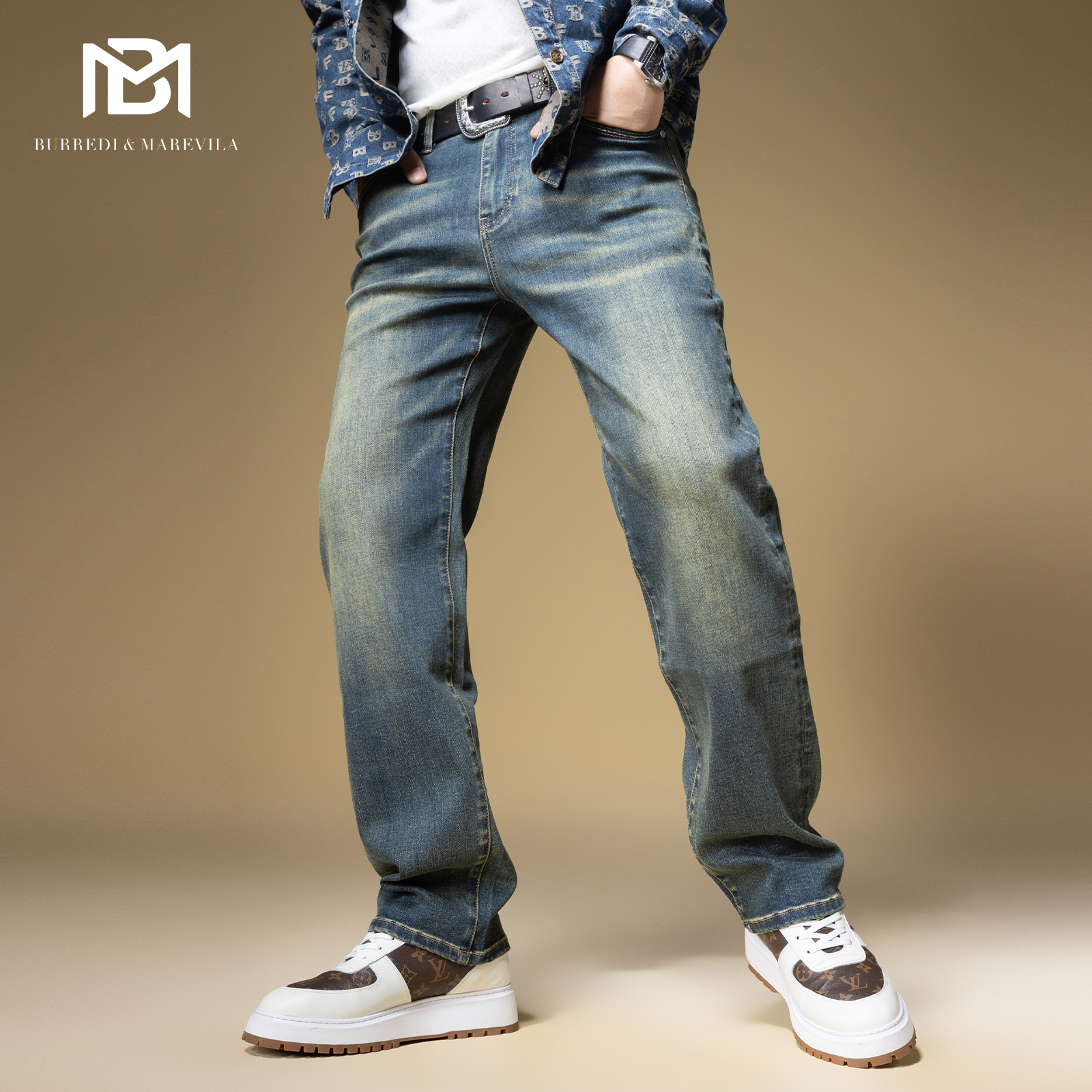 BM水洗做旧复古牛仔裤男2024新款高端休闲裤子潮牌男刺绣直筒长裤