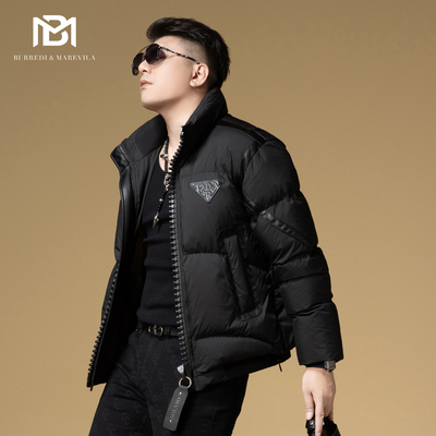 BM潮牌大拉链男士羽绒服爆款2025新款外套男款冬季拼皮保暖防寒服