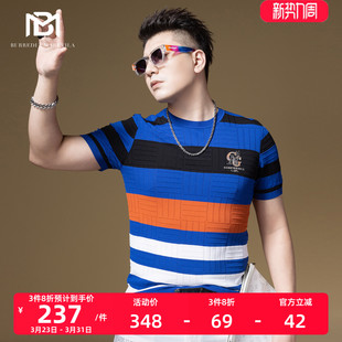 夏季 2023新款 男潮牌潮流轻奢男装 BM欧洲站t恤男撞色条纹提花短袖