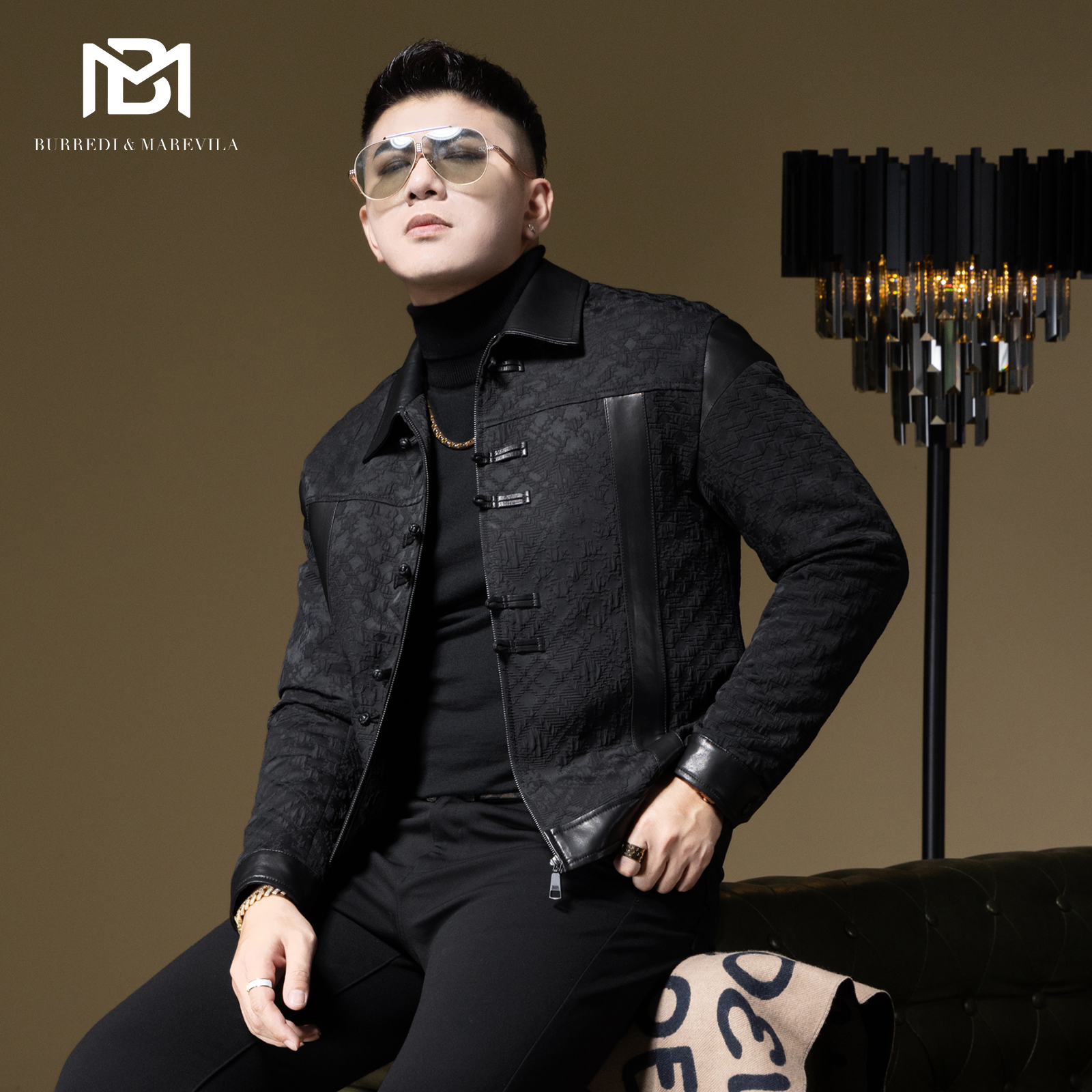 BM真皮拼接暗纹皮夹克外套男潮流帅气新中式盘扣门襟男士上衣加厚