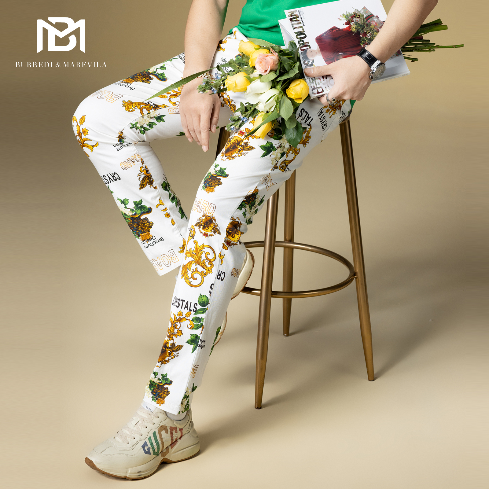 BM复古字母花卉满花修身休闲裤