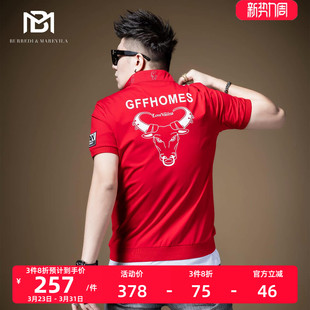 欧美潮牌复古港风半截袖 BM立领公牛印花烫钻短袖 t恤男2021年新款