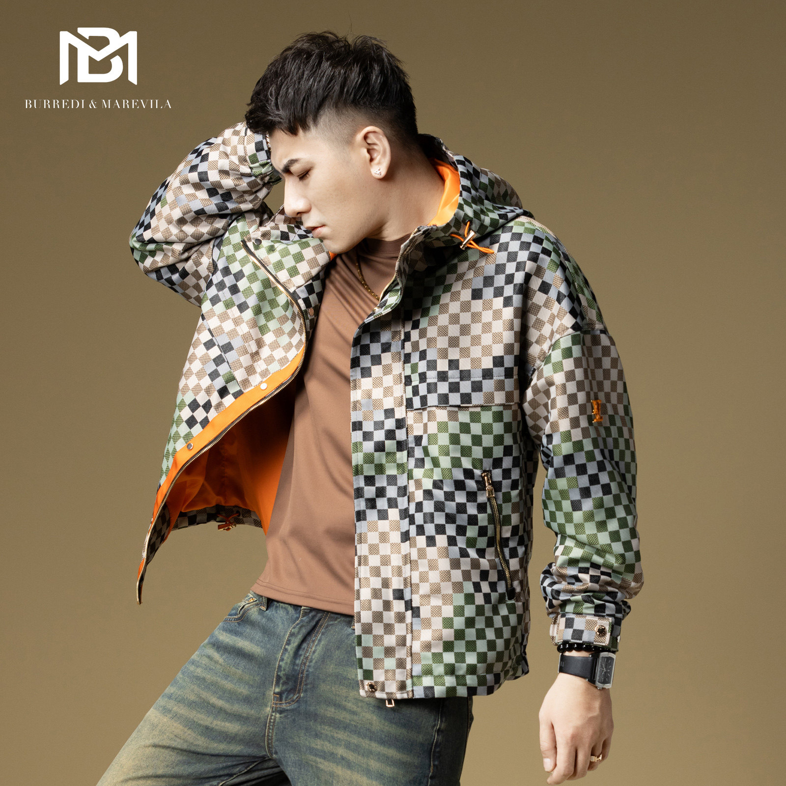 BM迷彩格子时尚潮流外套男2024新款春季高端夹克男款防风冲锋衣薄