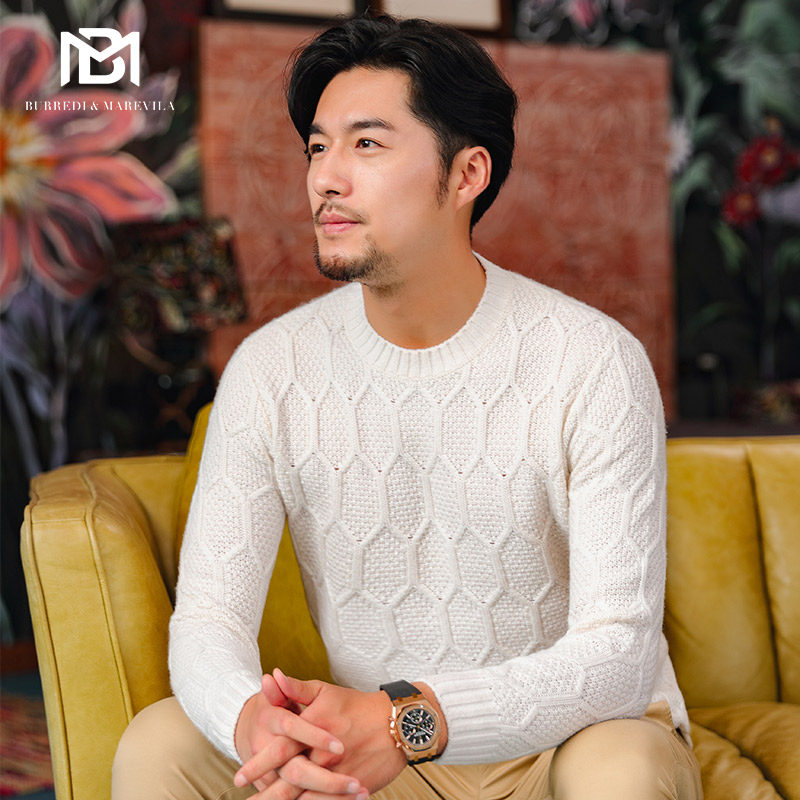 BM新款打底男装纯色毛衣麻花编织长袖男羊绒针织衫潮流休闲秋冬季